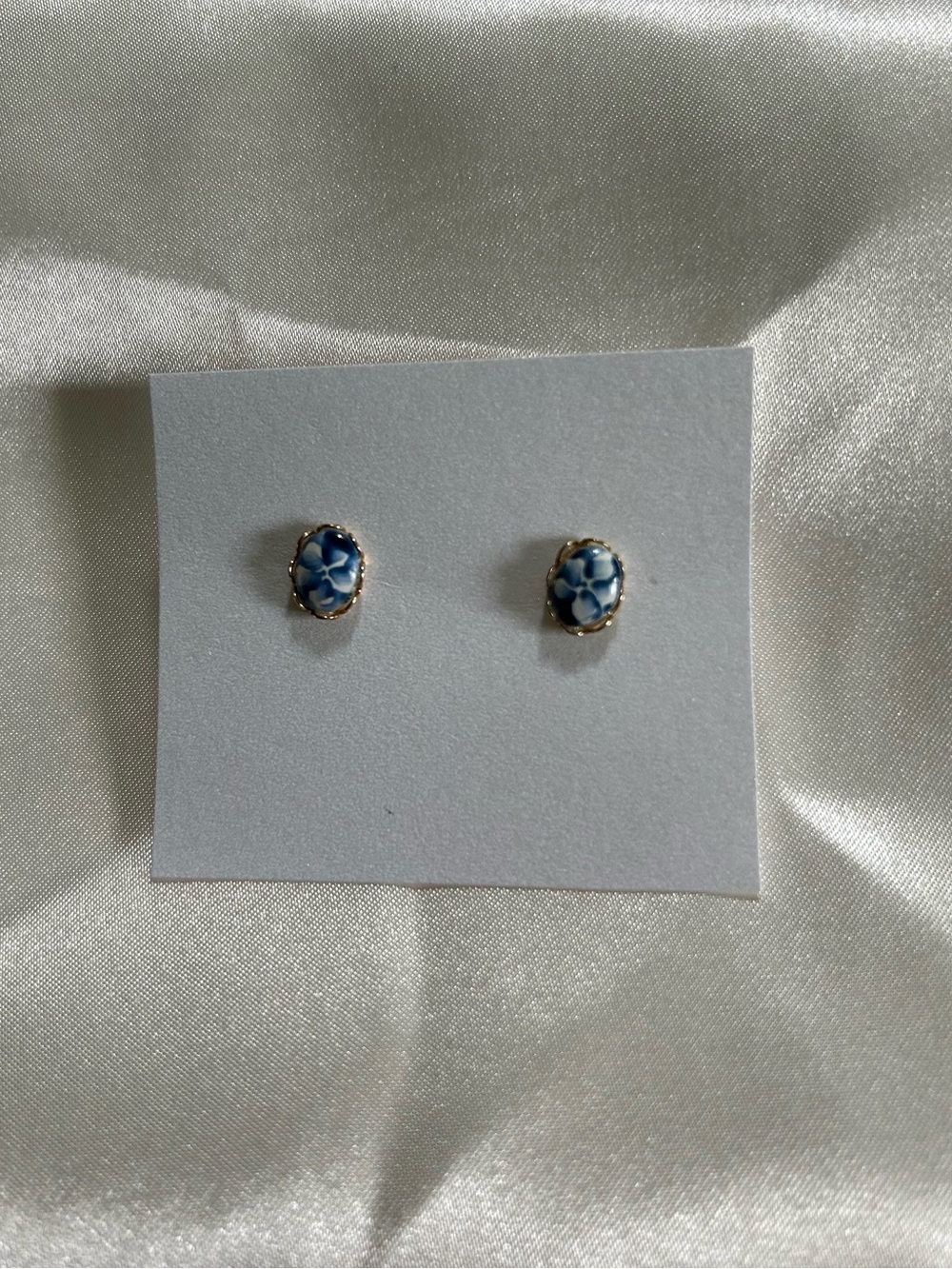 Small Blue and White Oval Earrings with Gold Trim